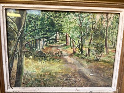 une peinture représentant un chemin de terre dans les bois