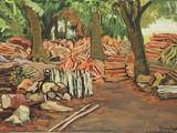 un tableau représentant un tas de bois dans les bois