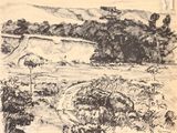 dessin représentant un paysage avec des collines et des arbres au loin