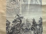 chinese scroll painting of a mountain landscape with a river in the foreground