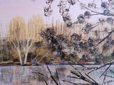 a painting of a lake with a boat in it
