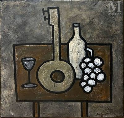 tableau représentant une nature morte avec une bouteille de vin, des raisins et un verre