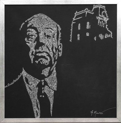 a black and white drawing of a man in a suit and tie