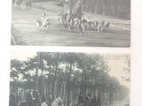 two black and white photos of people riding horses in a wooded area