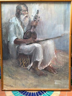 tableau représentant un homme assis sur une chaise, tenant un violon