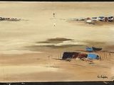 a painting of a beach scene with boats on the sand
