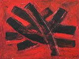 abstract painting of red and black brush strokes on a red background