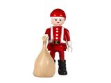 un petit soldat en jouet tenant un sac de cadeaux, sur fond blanc