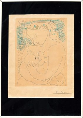 painting of a woman holding a baby in a black frame