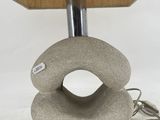 an image of a table lamp with a stone base and a wooden shade