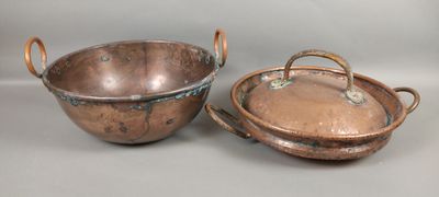 pair of antique copper pots and pans with handles and handles