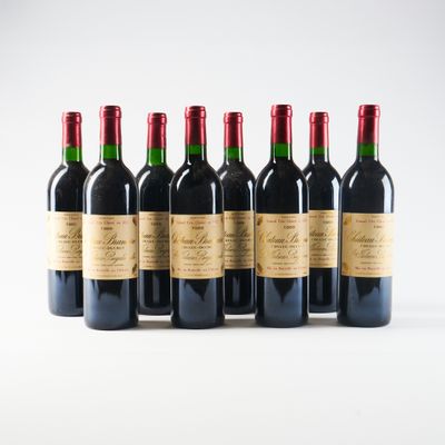 six bouteilles de vin sont alignées sur une surface blanche