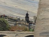 une peinture d'un bâtiment avec une tour d'horloge en arrière-plan
