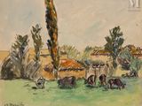 tableau représentant des vaches paissant dans un champ, avec un arbre en arrière-plan