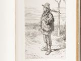 an open book with a drawing of a man in a fur coat holding a rifle