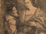 an old drawing of a man and a woman looking at a skull