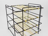 a black and yellow wire rack with six shelves