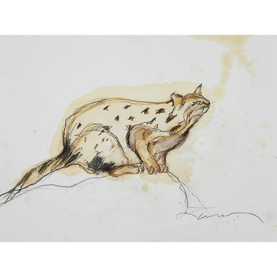 dessin représentant un chat assis par terre, la tête tournée de manière à donner l'impression qu'il est couché