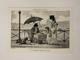 a drawing of a woman and two men with umbrellas