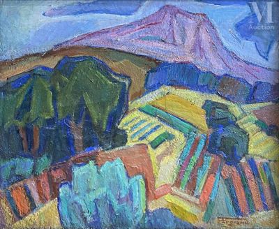 une peinture à l'huile représentant une montagne, avec quelques arbres et des collines en arrière-plan