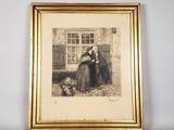 an old picture of a woman sitting on a bench in front of a window