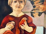 a painting of a little girl holding a bird in her hand