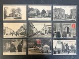 several old black and white photographs of people and horses in a town