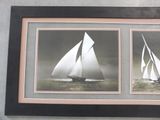 two black and white photos of a sailboat in the ocean