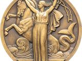 un gros plan sur une médaille de bronze représentant une femme à cheval