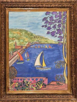 un tableau représentant des voiliers sur un lac, avec un pont en arrière-plan