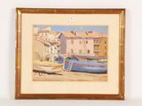 a picture of a painting of boats on the beach