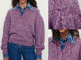 two photos of a woman wearing a purple sweater and a blue shirt