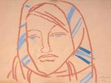 dessin représentant le visage d'une femme sur une feuille de papier avec des lignes bleues