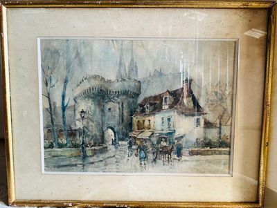 une peinture représentant une calèche devant un bâtiment