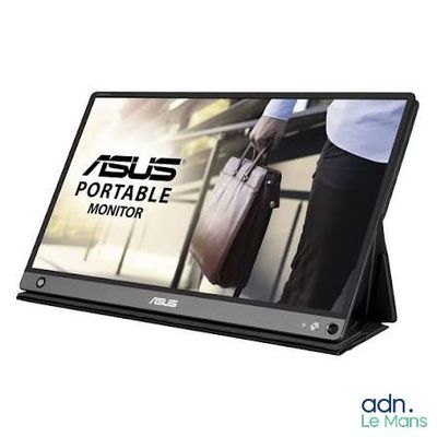 the asus portable monitor is on display with a man carrying a briefcase