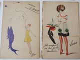 three old fashion sketches of a woman in a yellow dress and a woman in a yellow dress