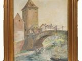 une peinture à l'huile représentant un pont sur une rivière avec un château à l'arrière-plan