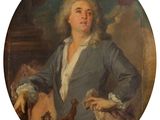 portrait d'un homme en veste bleue tenant un panier de fleurs