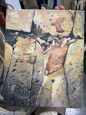 un tableau représentant un homme tenant un tableau représentant un cerf