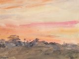 une image représentant une aquarelle d'un coucher de soleil sur un champ