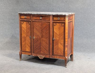 a cabinet with a marble top on a gray background