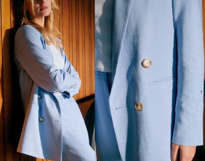 two photos of a woman in a blue coat and a woman in a white dress