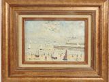 an oil painting of a beach scene with boats in the water