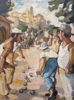 tableau représentant un groupe d'hommes jouant au croquet