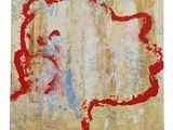une peinture abstraite réalisée à la peinture rouge et bleue sur un fond beige