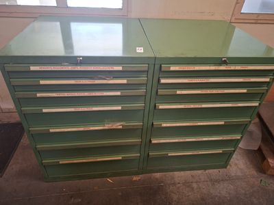 une image représentant une armoire métallique verte munie de tiroirs et de tiroirs