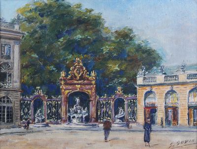 painting of a painting of a building with a fountain in the middle of it