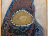 an image of a painting of a woman ' s face in a blue and red scarf