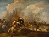 painting of a group of men riding horses in a field