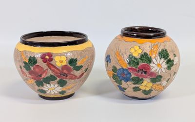 deux vases avec des fleurs peintes sur une surface blanche